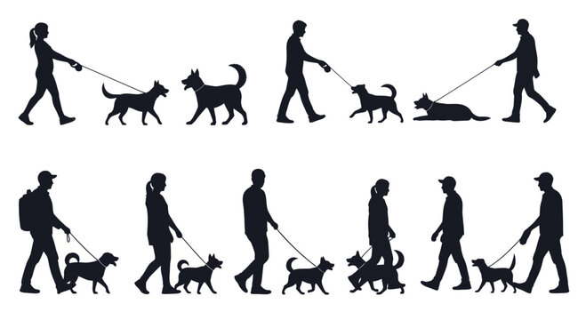 Silhouettes of People Walking Dogs on Leashes in Various Poses.