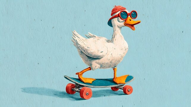 Duck on Skateboard: A whimsical duck, donned with sunglasses and a cap, fearlessly rides a skateboard, embodying youthful fun and summer vibes.