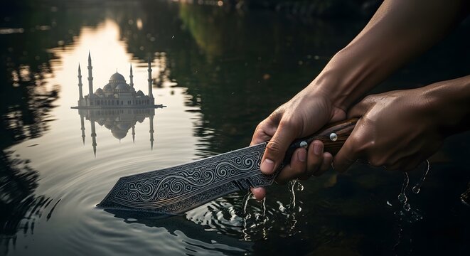 Hands holding sword in water reflection of building in background bangali new year