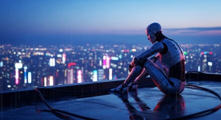 Fototapeta premium A worn android sits alone on a dark urban rooftop, hunched over while gazing at the sprawling neon city lights during a calm, quiet night, city, lonely, electronics
