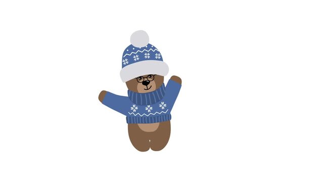 Happy Teddy Bear in Glasses is Dancing. Christmas Animation. Christmas Character Enjoy Winter Holidays. Funny Baby Bear in Blue Hat, Sweater. Cute Toy. Loop Video in Blue, White, Brown on White