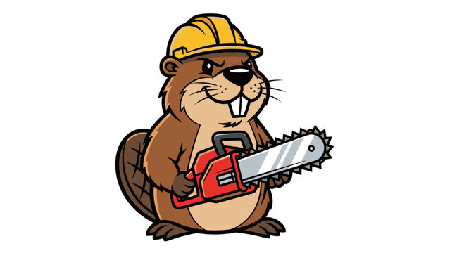Beaver Construction Worker with Chainsaw Vector Illustration, Cartoon Mascot Character for Industrial and Forestry Branding Design