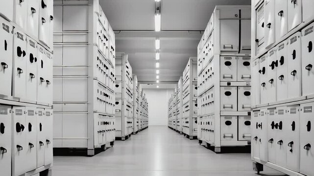 Stark black and white perspective view down a long corridor of industrial electrical panels creating a dramatic sense of depth and technological precision in a modern facility