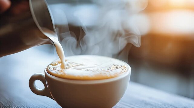 Steaming latte art being poured into a ceramic cup by a barista creating a warm and inviting morning coffee ritual with soft bokeh background