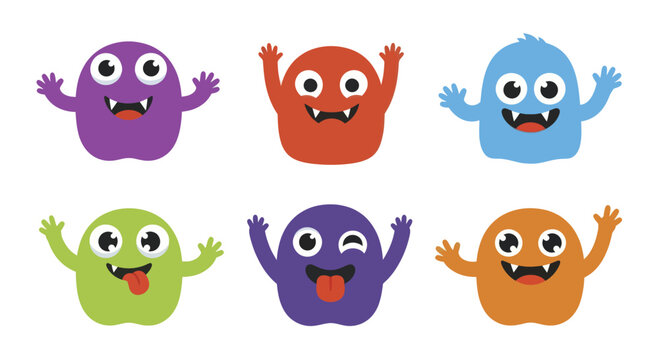 Set of Six Cute Cartoon Monsters with Different Expressions and Colors.