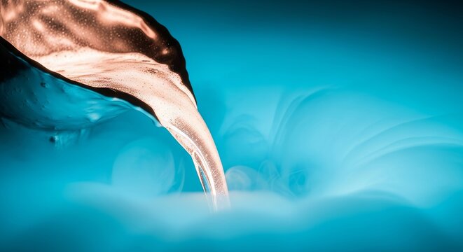 Molten platinum metal flows elegantly through luminous cyan vapor clouds, creating a high-contrast swirl with ultra-realistic reflections, vapor, texture, flow