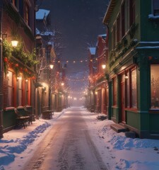 Fototapeta premium Snowy street scene with warm festive lights and vibrant green red hues amidst winter wonderland ambiance, festive lights, illuminated