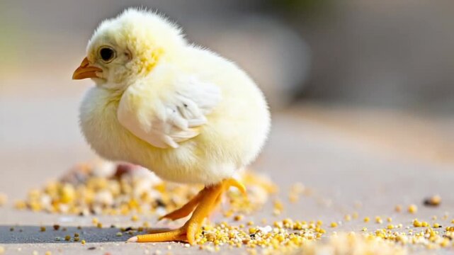 Fluffy yellow chick exploring its surroundings and pecking at scattered feed