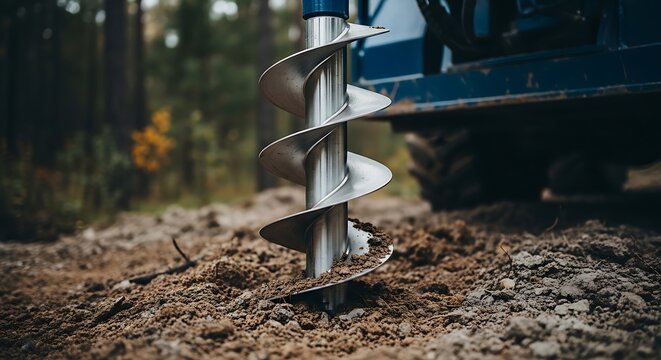 Close-up of auger drill bit boring into dirt, connected to a machine in a forest