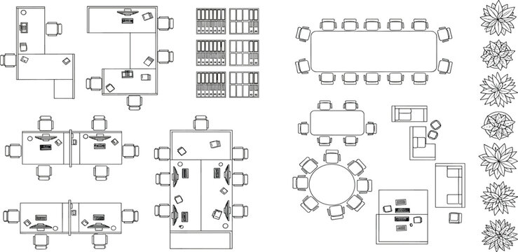 Architectural top-down views of various office furniture layouts, including desks, workstations, and conference tables, for interior design and space planning projects