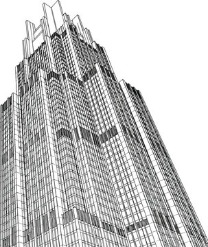 Intricate line art illustration depicting a soaring skyscraper, showcasing the grandeur of modern architectural design and the verticality of urban landscapes