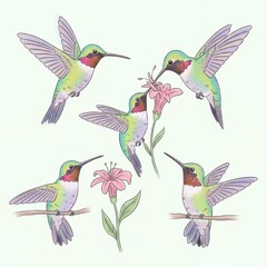 Obraz premium Colorful Hummingbirds and Pink Flower Illustration