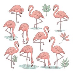Naklejka premium Flamingos standing in water with leaves around them