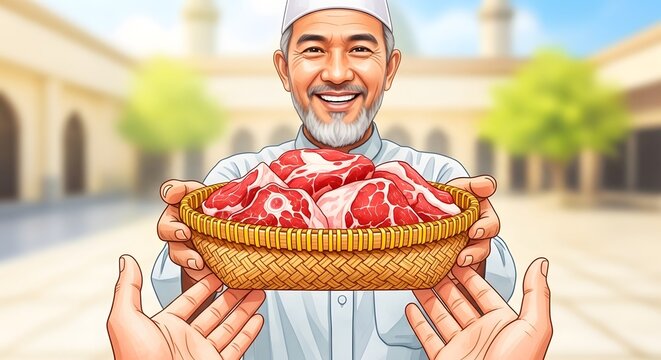 Man offering a basket of dates in a mosque courtyard bangali new year