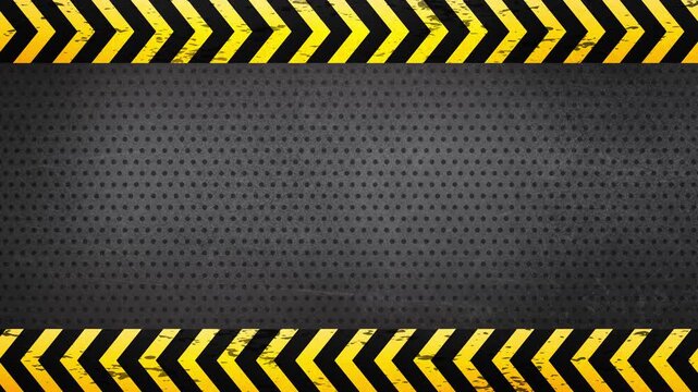 Wide industrial steel frame with diagonal yellow black safety stripes top and bottom rugged metal mesh background cinematic loop Prores 4K 60fps