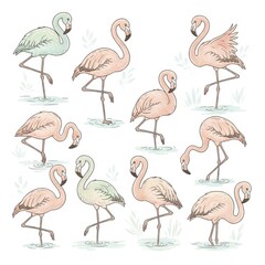 Obraz premium Flamingos in Various Poses and Colors Illustration