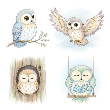 Whimsical illustrations of owls in various serene poses