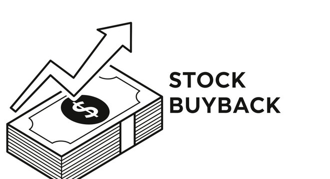 Stock buyback concept illustration with a stack of dollar cash and a rising arrow. Corporate share repurchase and financial growth vector.
