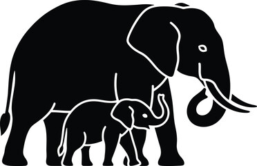 Fototapeta premium Black silhouette of an adult elephant and a baby calf isolated on white background vector