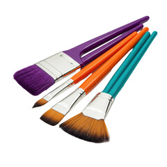 Fototapeta premium Four vibrant, multi-colored professional artist paintbrushes isolated on a transparent background with copy space. Concept of art and creativity
