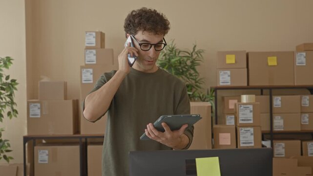 Young man holding tablet and phone to ear in a building surrounded by stacked parcels and plants, checking shipments and smiling; small business productivity.