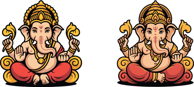 Lord Ganesha vector illustration set, Hindu god Ganpati sitting in meditation, traditional Indian deity icons with golden crowns and red robes