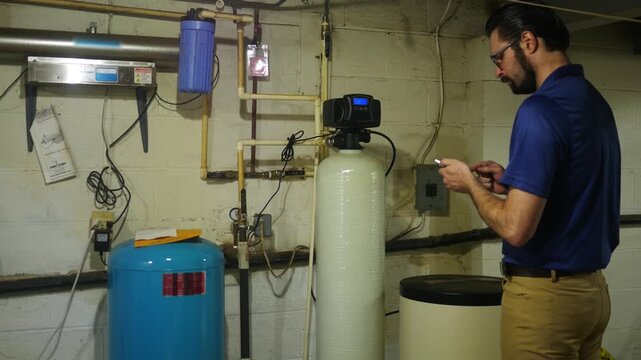  A Plumbing or Well Specialist Takes Notes on Indoor Water Filtration System