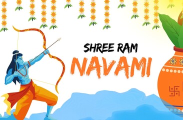 Fototapeta premium Heroic Lord Rama Standing with Bow, Full Body Illustration for Hindu Mythology