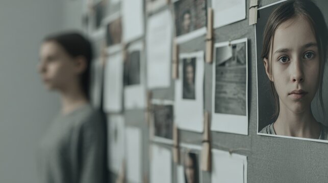Close-up portrait of missing child photo pinned on investigation board. Concept of disappearance, search efforts, memory and identity