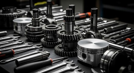 Naklejka premium Close-up of various metallic machine components, gears, tools, and pistons on a table