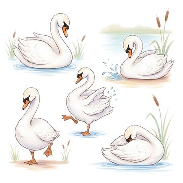 Adorable White Swans in Water Nature Scene Illustration