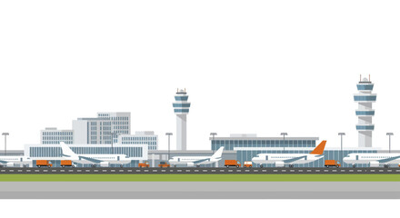 Obraz premium Busy Airport Terminal with Airplanes and Control Towers.