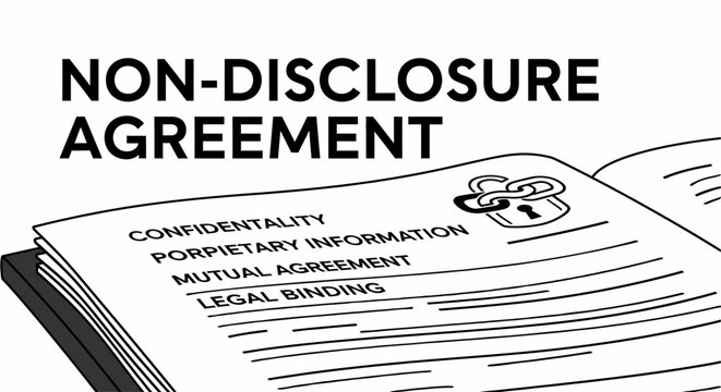 Non-disclosure agreement (NDA) document illustration with lock symbol for confidentiality.