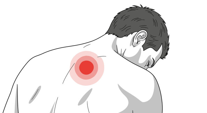 Man suffering from upper back pain with red localized sore spot illustration.
