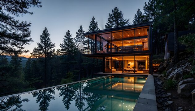Modern architectural home with expansive glass walls overlooks a tranquil pool and forested hillside at dusk