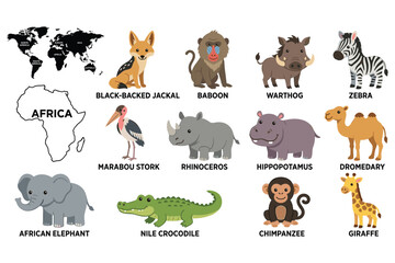 Obraz premium African animals and world map illustration showing continent locations educational.