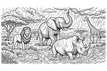 African savanna animals landscape with lion elephant rhino and giraffe under heavy rain. © md