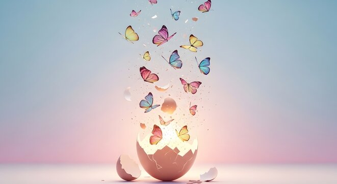 Conceptual cracked egg releasing a beautiful swirl of colorful butterflies on a pastel background