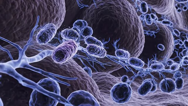 Close up of healthy purple muscle cell interior with pulsing mitochondria and cellular structures in scientific 3D render