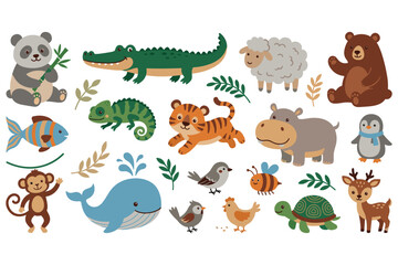 Obraz premium Cute cartoon animal set with panda crocodile bear penguin whale and farm friends on white.