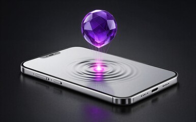 Fototapeta premium Purple crystal hovers above smartphone emitting glowing energy waves.