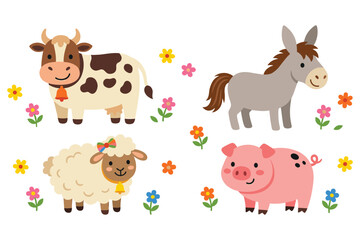 Fototapeta premium Cute farm animals with flowers, cow sheep donkey pig vector illustration.