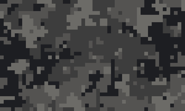 Abstract grayscale pixelated camouflage pattern.  Ideal for backgrounds, textures, or design elements needing a modern, stealthy aesthetic.