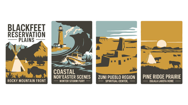 Vibrant travel posters showcasing iconic American landscapes and cultural regions.