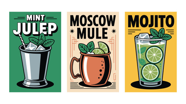 A colorful illustration of three popular cocktails, mint julep, Moscow mule, and mojito, in different glasses.