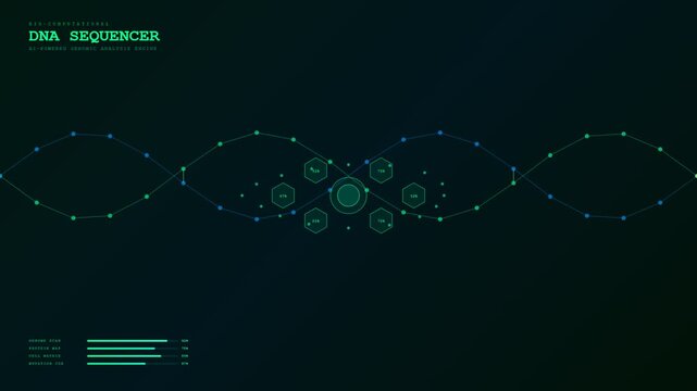 Advanced AI Diagnostic Algorithms analyze a digital DNA double helix sequence in a futuristic medical interface with neon green and blue glowing data visualization elements