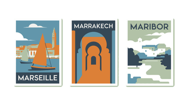 Three travel posters for Marseille, Marrakech, and Maribor on a white background