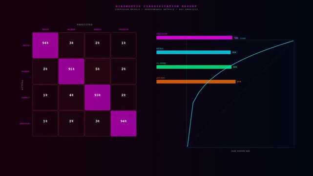 A professional digital animation showcasing AI Diagnostic Algorithms visualizing accuracy metrics using a confusion matrix and an evolving ROC curve on a dark futuristic user interface