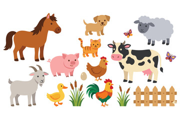 Fototapeta premium Set of cute cartoon farm animals including a horse pig dog cat sheep cow chicken.
