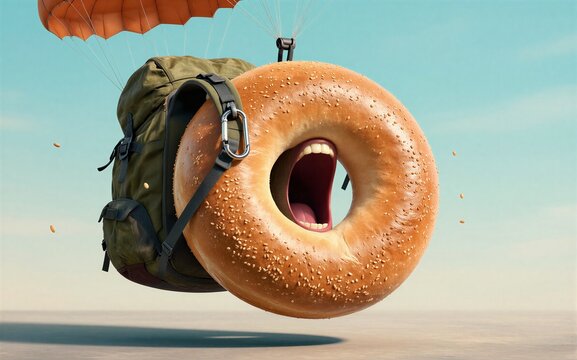 A joyful bagel with a face parachutes down carrying an olive green
